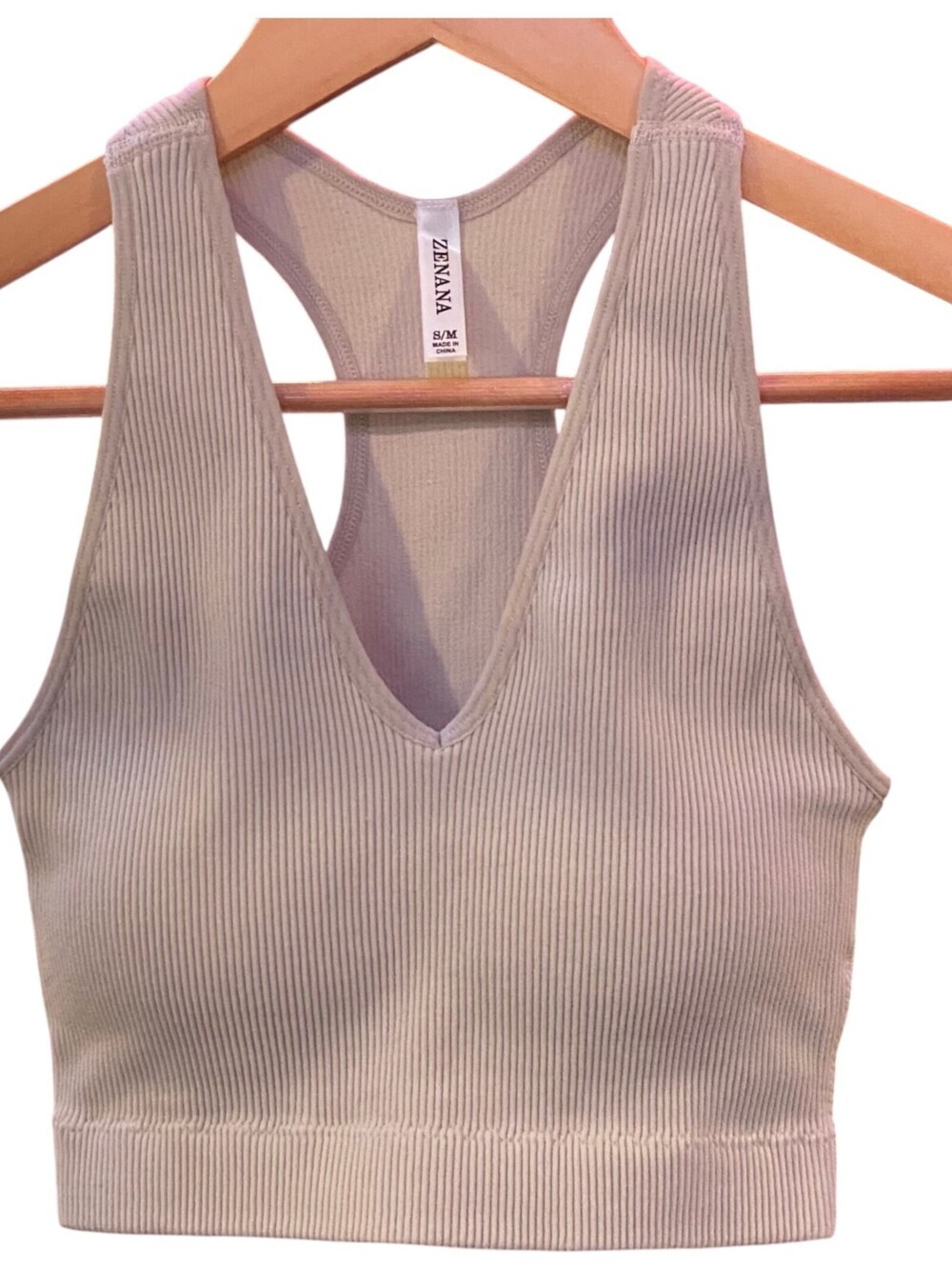 Zenana S/M Taupe Ribbed Bralette V-Neck Racerback Seamless Banded Hem